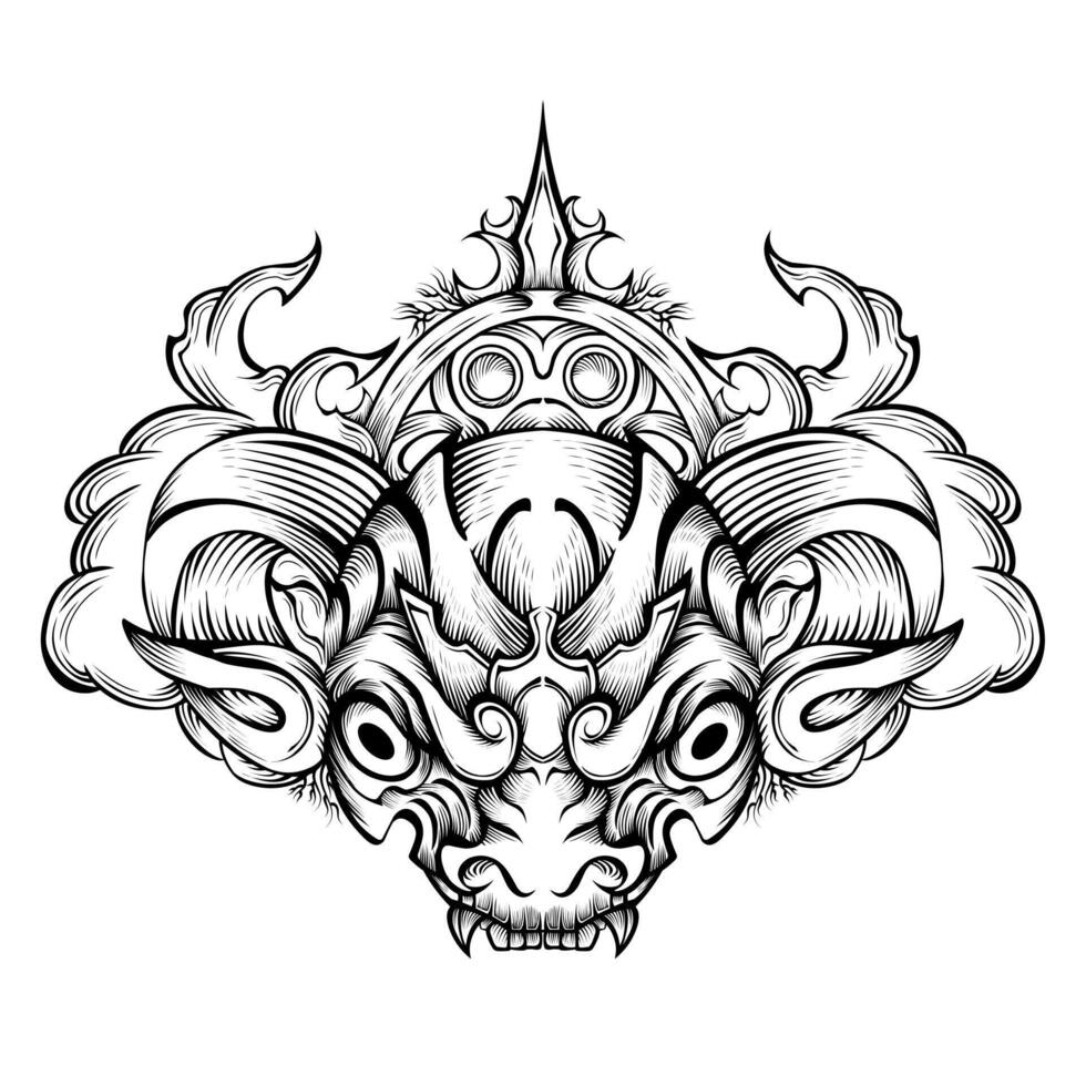 Japanese oni mask in hand drawn style on white background vector