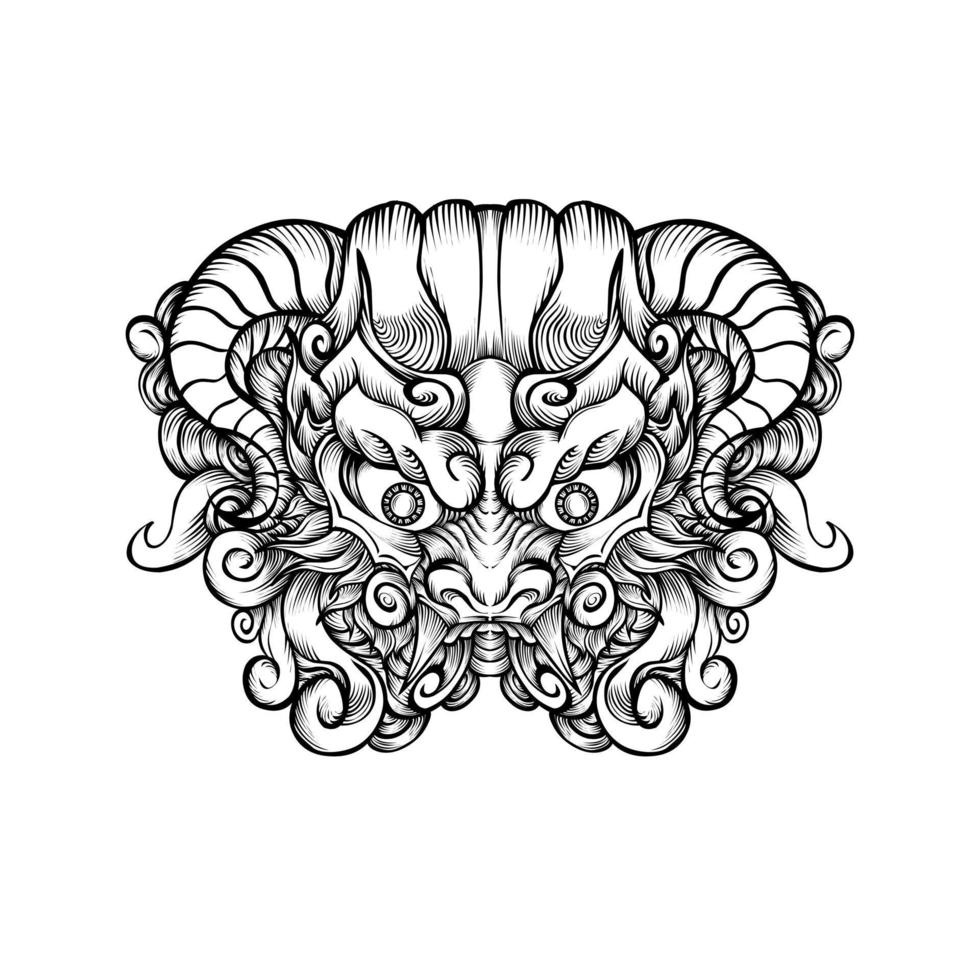 Japanese oni mask in hand drawn style on white background vector