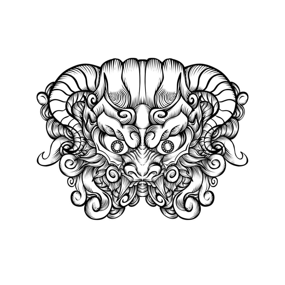 Japanese oni mask in hand drawn style on white background vector