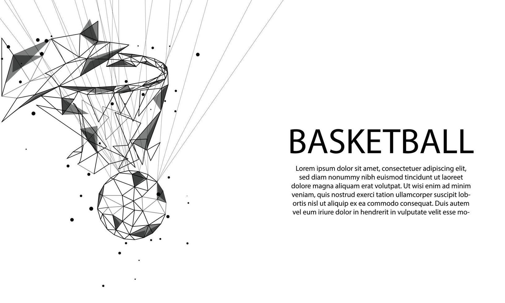 baloncesto pasando por la canasta de líneas, triángulos, partículas, polietileno bajo y diseño de estructura alámbrica vector