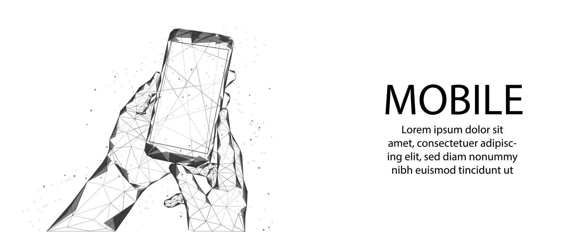 Teléfono móvil de estructura alámbrica de polígono abstracto primer plano de teléfono móvil con pantalla blanca en blanco en apretón de manos humano vector