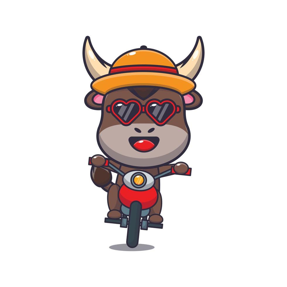 personaje de mascota de dibujos animados de toro genial paseo en motocicleta en el día de verano vector