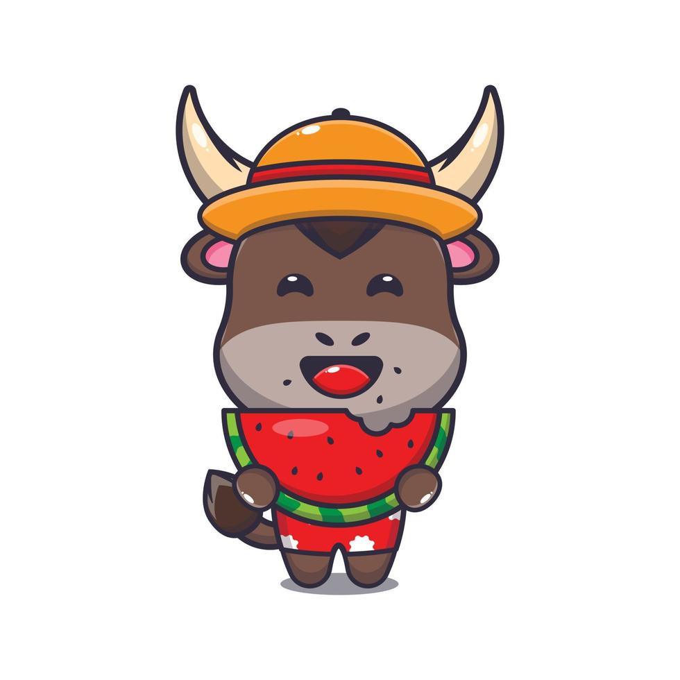 lindo personaje de mascota de dibujos animados de toro comer sandía fresca vector