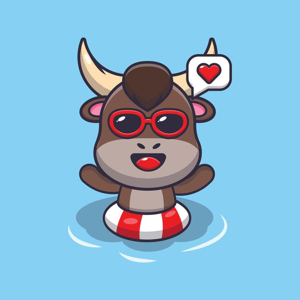 lindo personaje de mascota de dibujos animados de toro nadando en la piscina vector