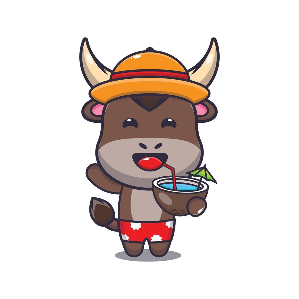 personaje de mascota de dibujos animados de toro lindo beber coco fresco vector