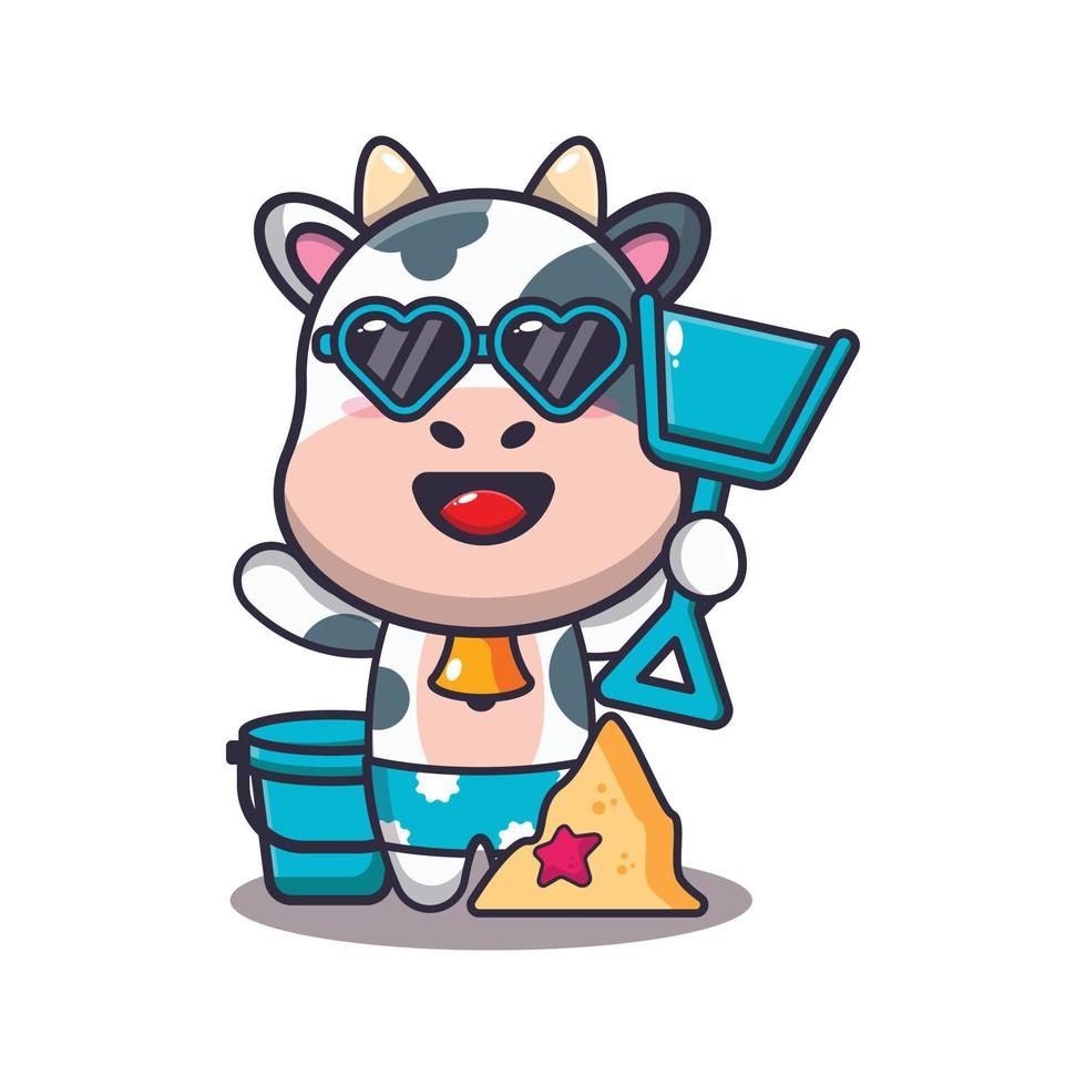 Cute cow cartoon mascot character playing sand beach vector