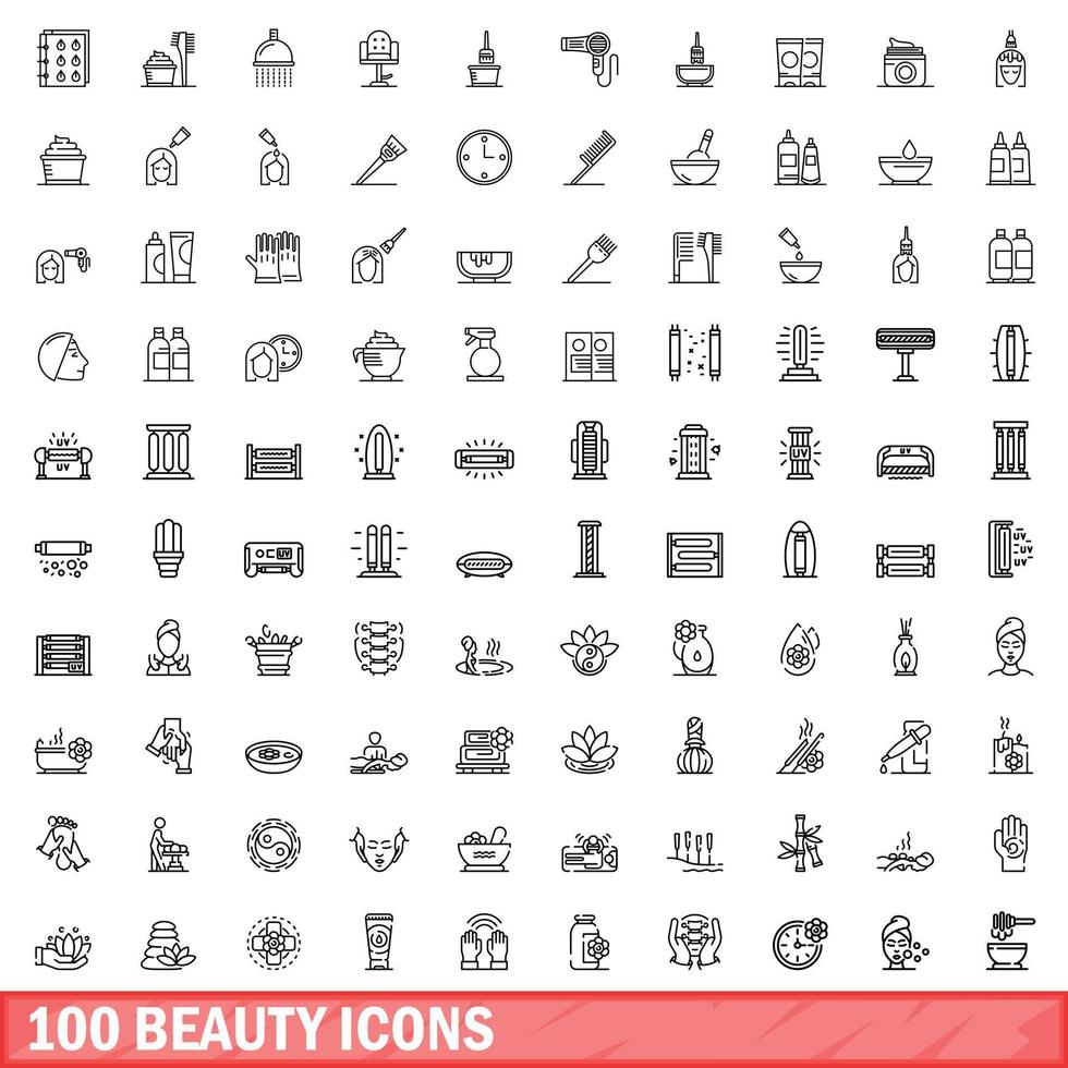 100 beauty icons set, outline style vector