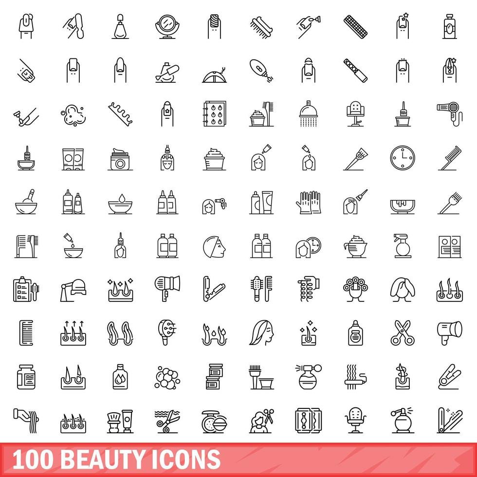 100 beauty icons set, outline style vector