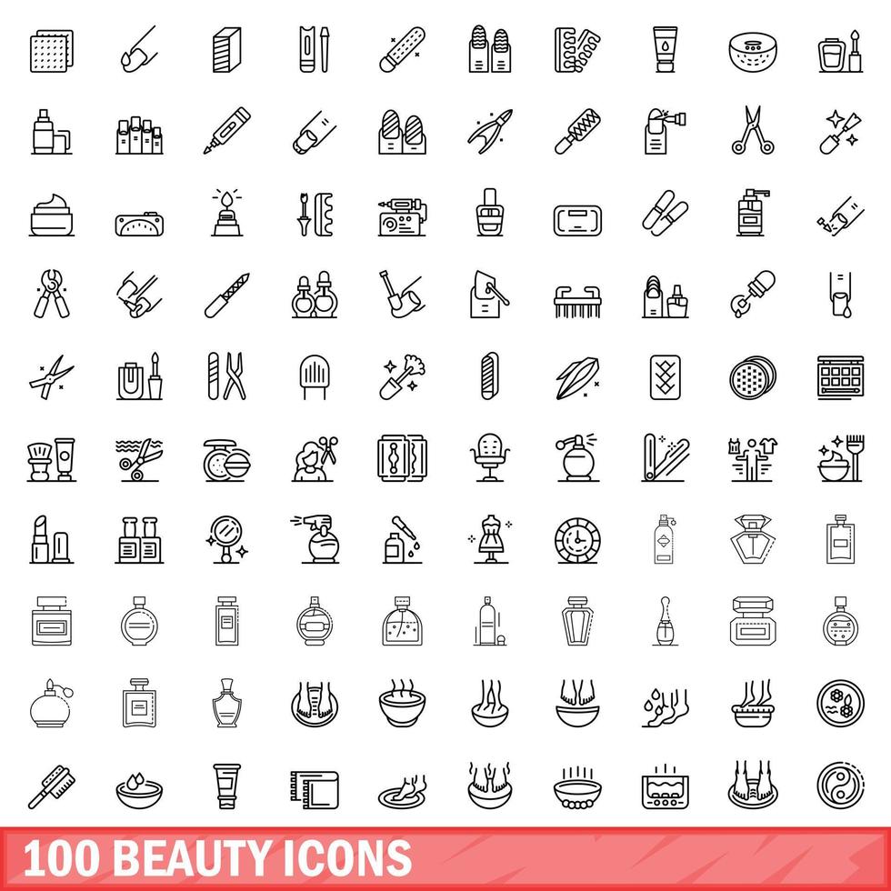100 beauty icons set, outline style vector
