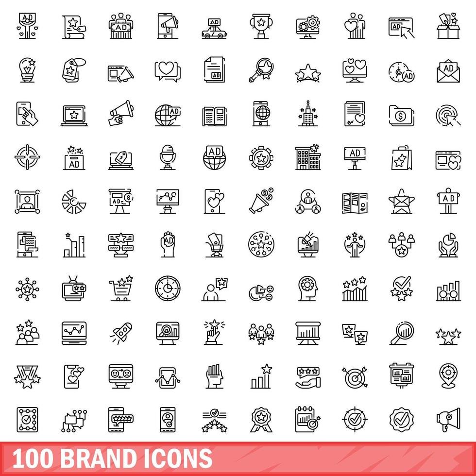 100 brand icons set, outline style vector
