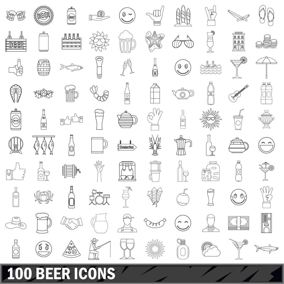 100 beer icons set, outline style vector