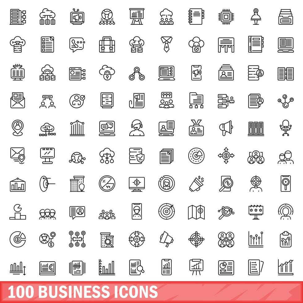 100 business icons set, outline style vector