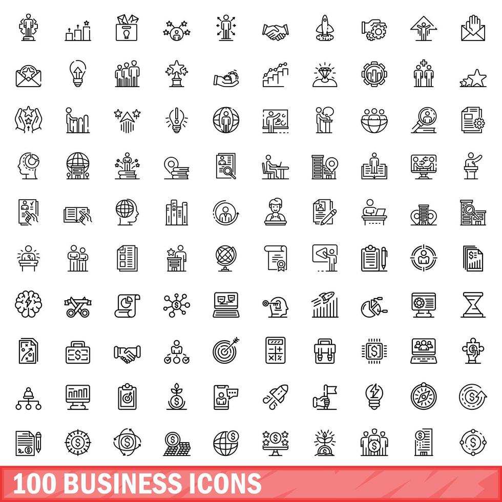 100 business icons set, outline style vector
