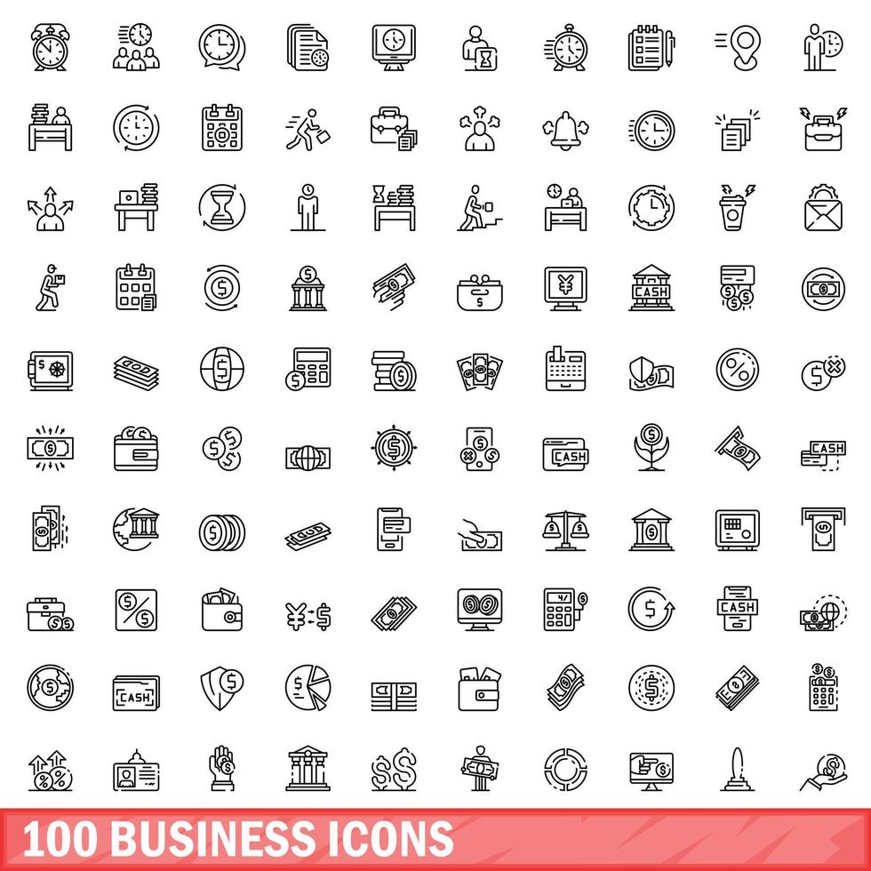 100 business icons set, outline style vector