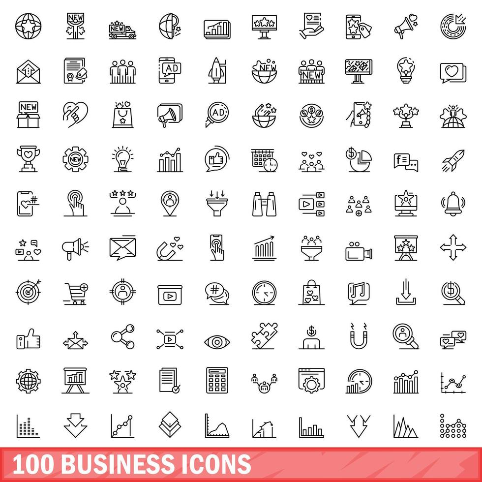 100 business icons set, outline style vector