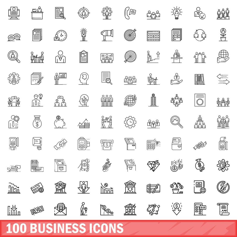 100 business icons set, outline style vector