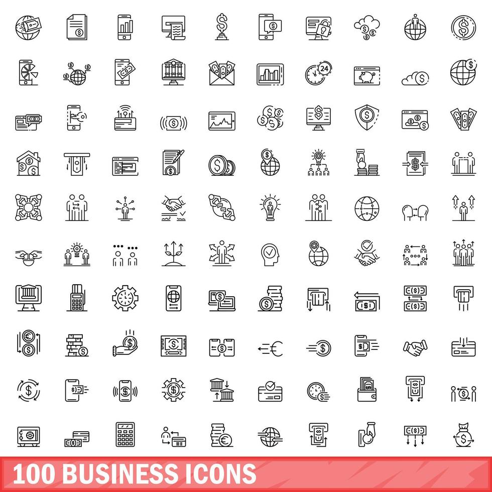 100 business icons set, outline style vector