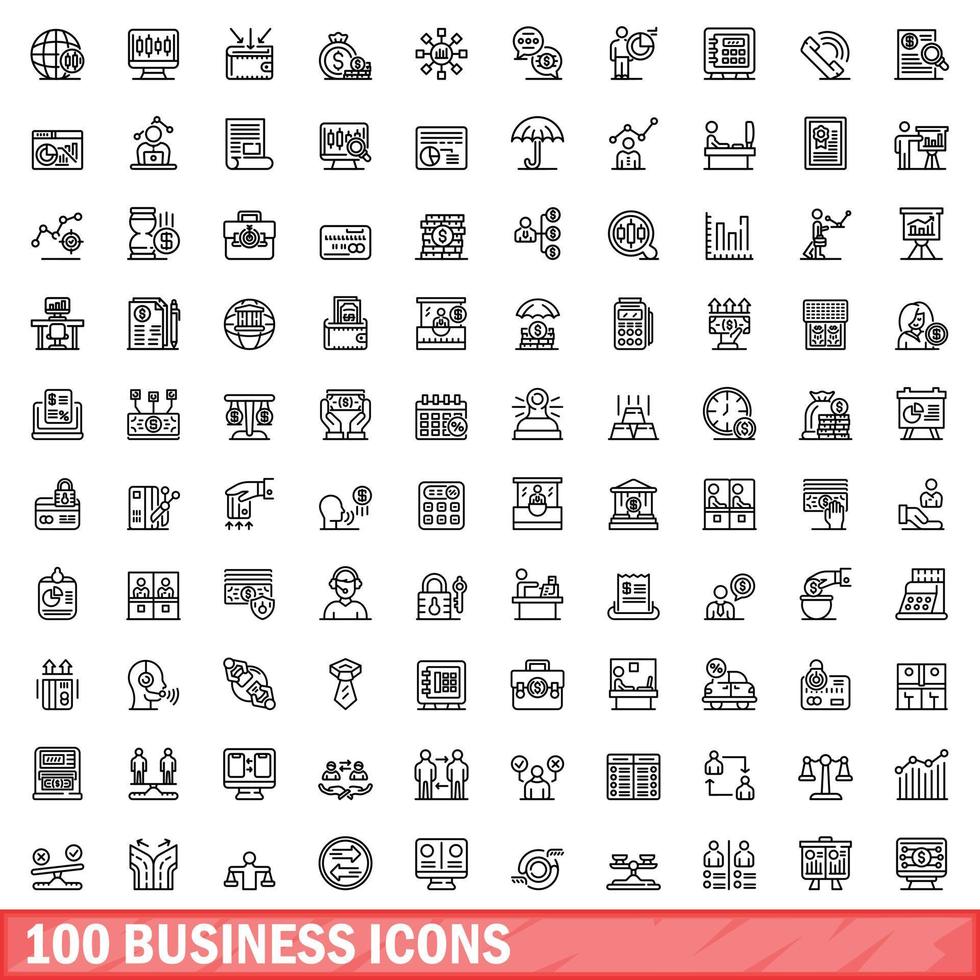 100 business icons set, outline style vector