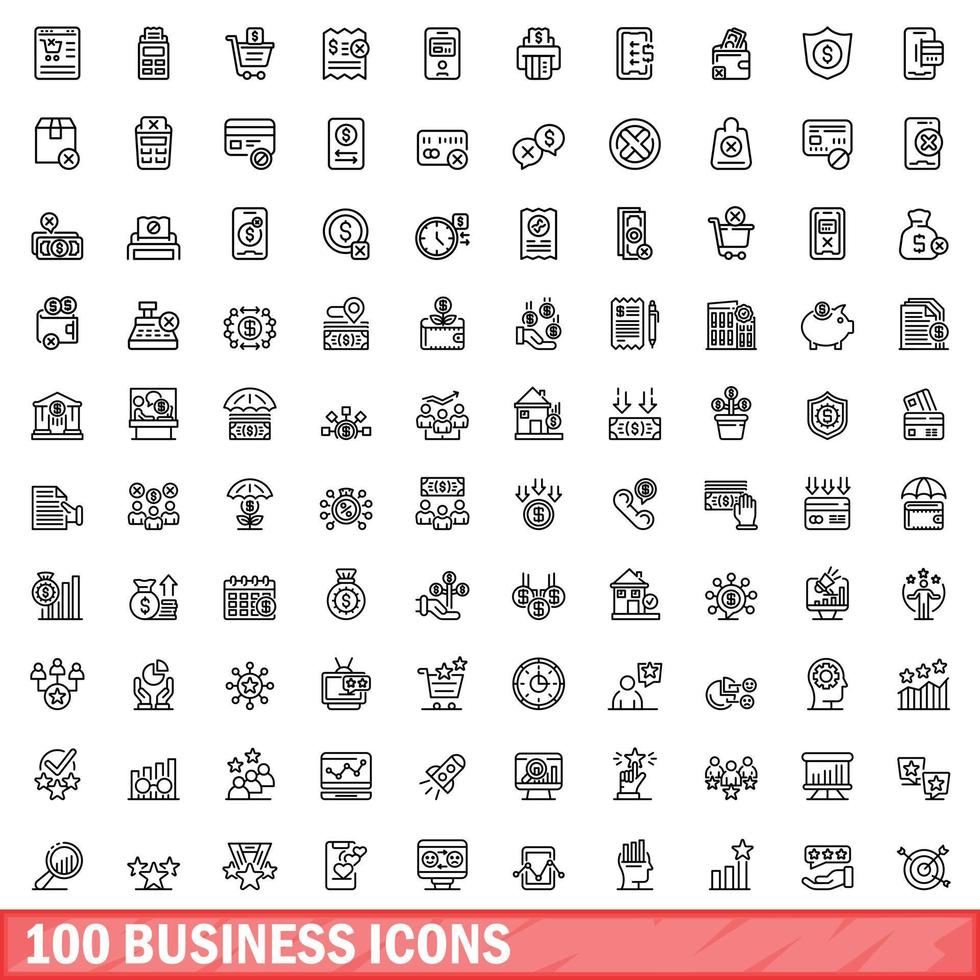 100 business icons set, outline style vector