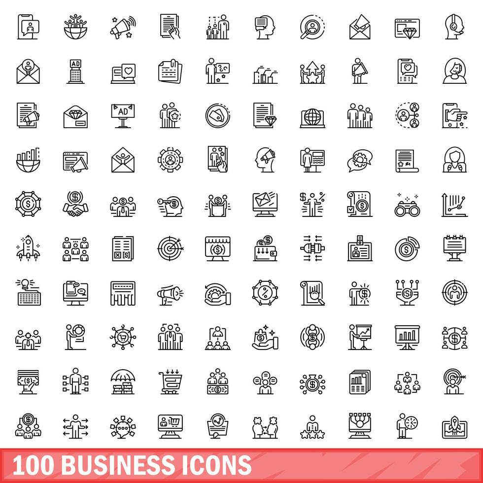 100 business icons set, outline style vector