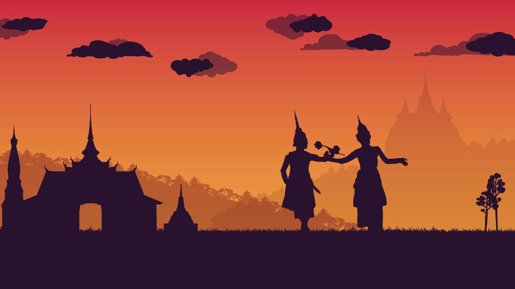 silhouette of traditional Thai Dance and temple at Thailand on gradient background vector