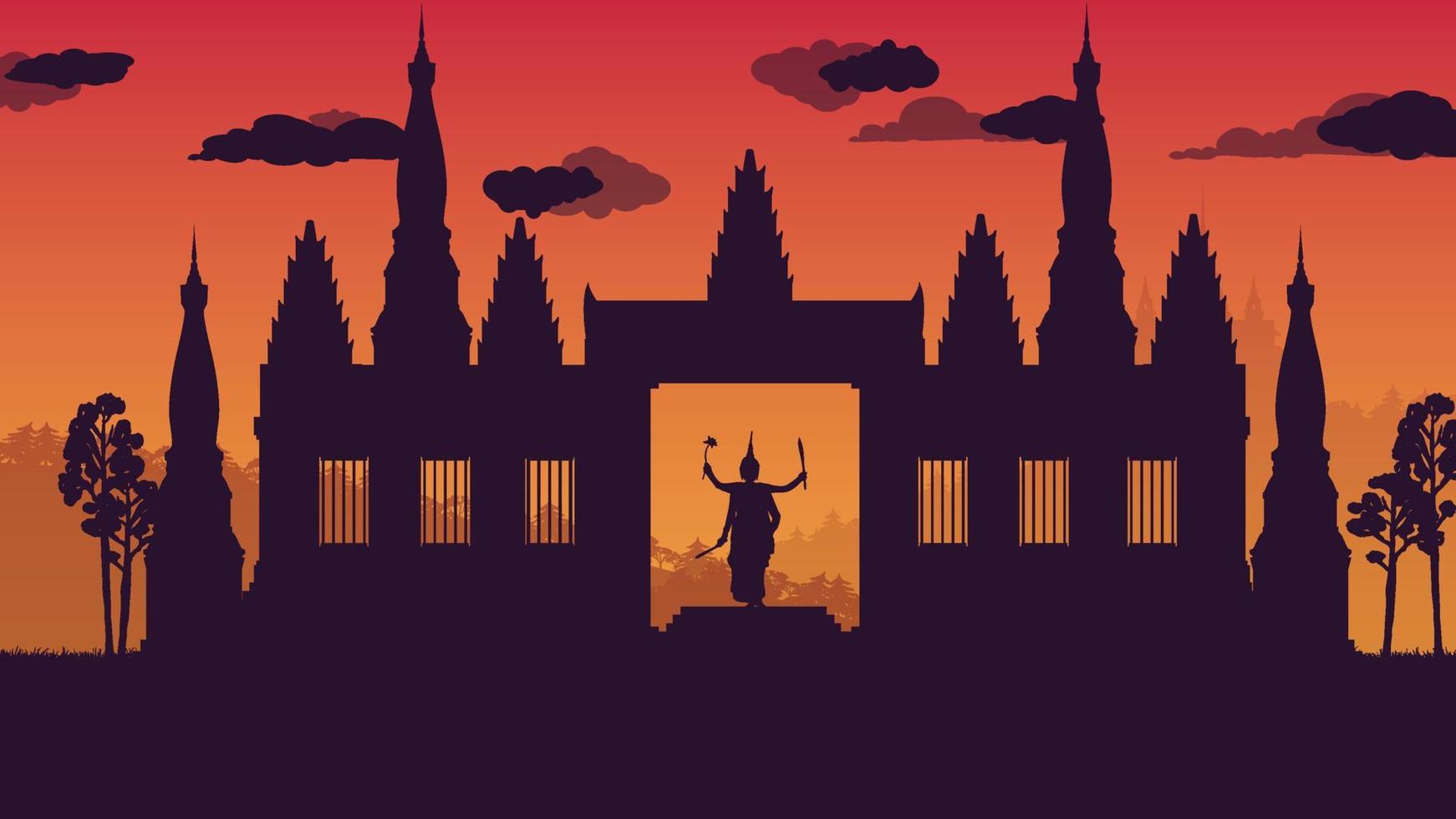 silhouette of traditional Thai Dance and ancient temple  on gradient background vector