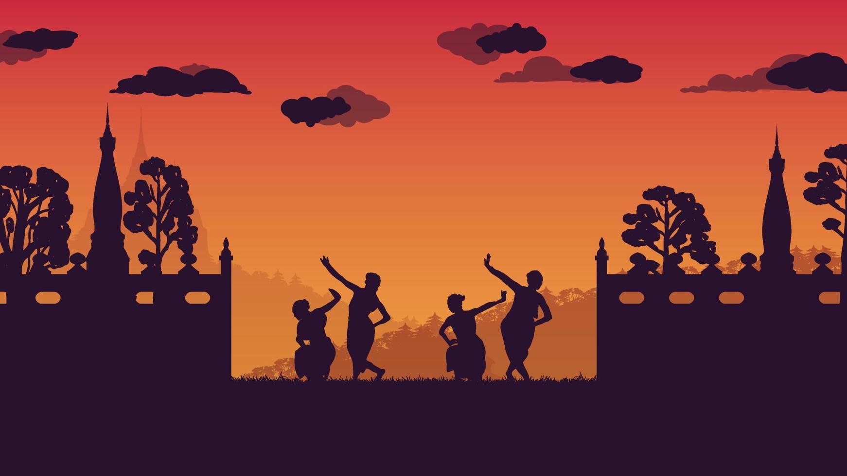 silhouette of traditional Thai Dance and wall ancient temple on gradient background vector