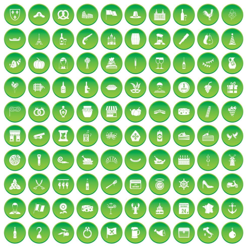 100 alcohol icons set green circle vector