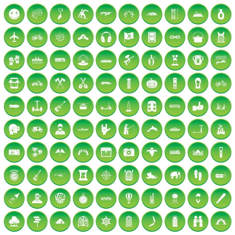100 adventure icons set green circle vector
