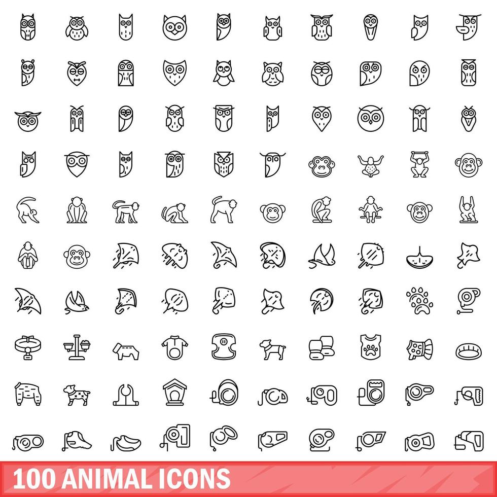 100 animal icons set, outline style vector