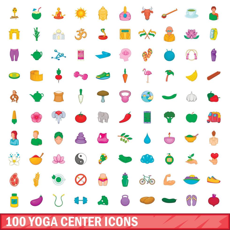 100 yoga center icons set, cartoon style vector