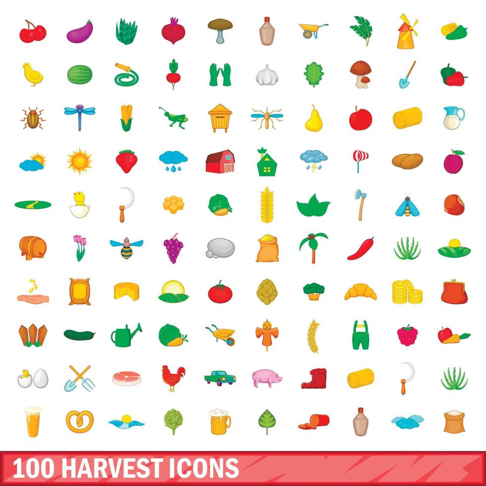 100 iconos de cosecha, estilo de dibujos animados vector