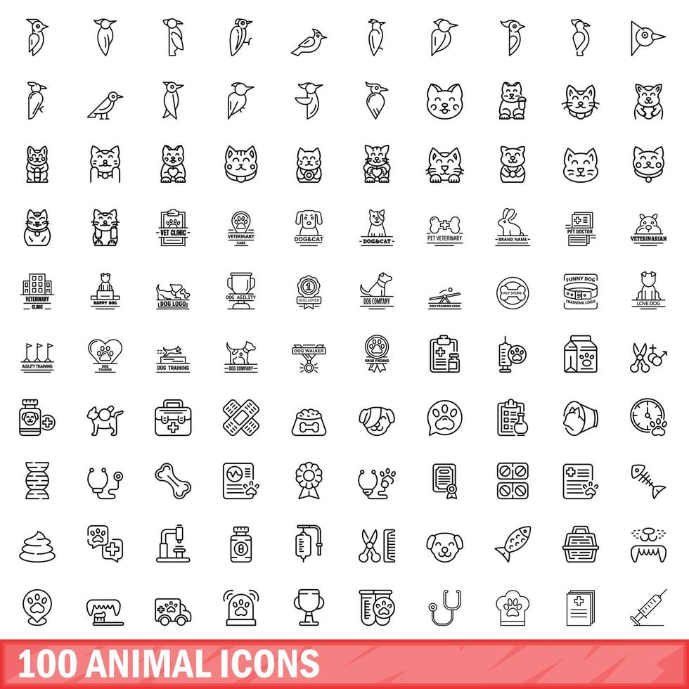 100 animal icons set, outline style vector