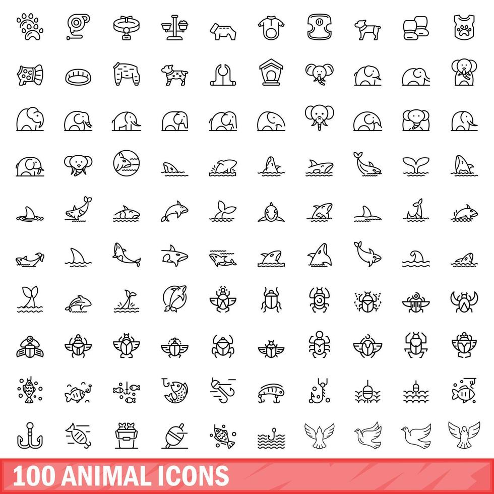 100 iconos de animales, estilo de esquema vector