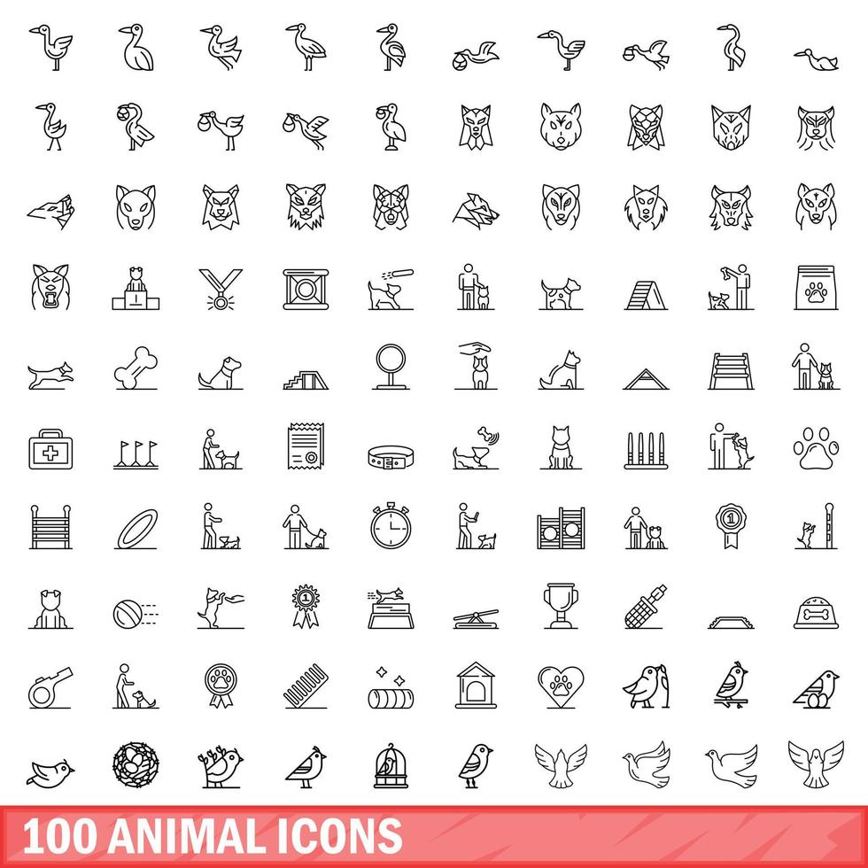 100 animal icons set, outline style vector