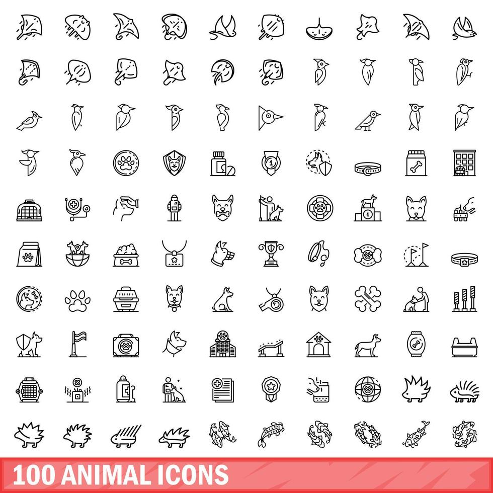 100 iconos de animales, estilo de esquema vector