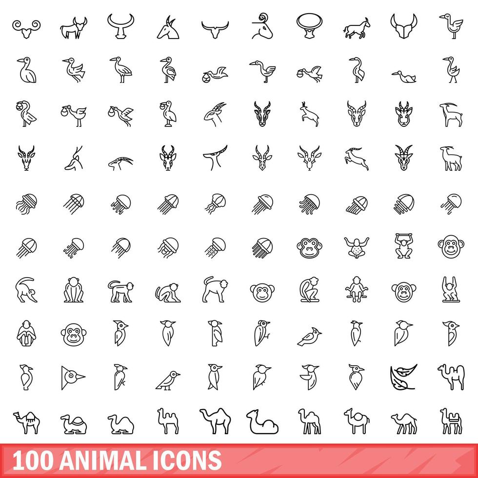 100 animal icons set, outline style vector