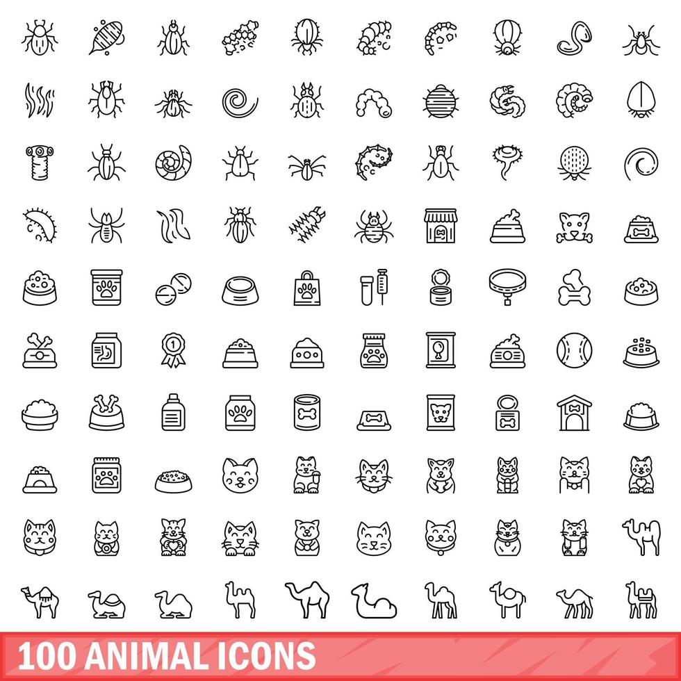 100 animal icons set, outline style vector