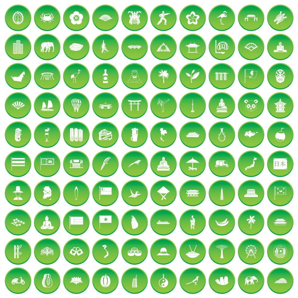 100 asian icons set green circle vector