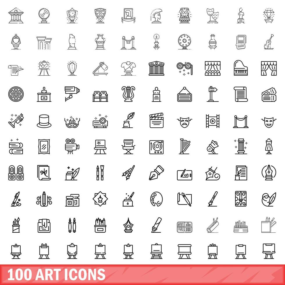 100 art icons set, outline style vector