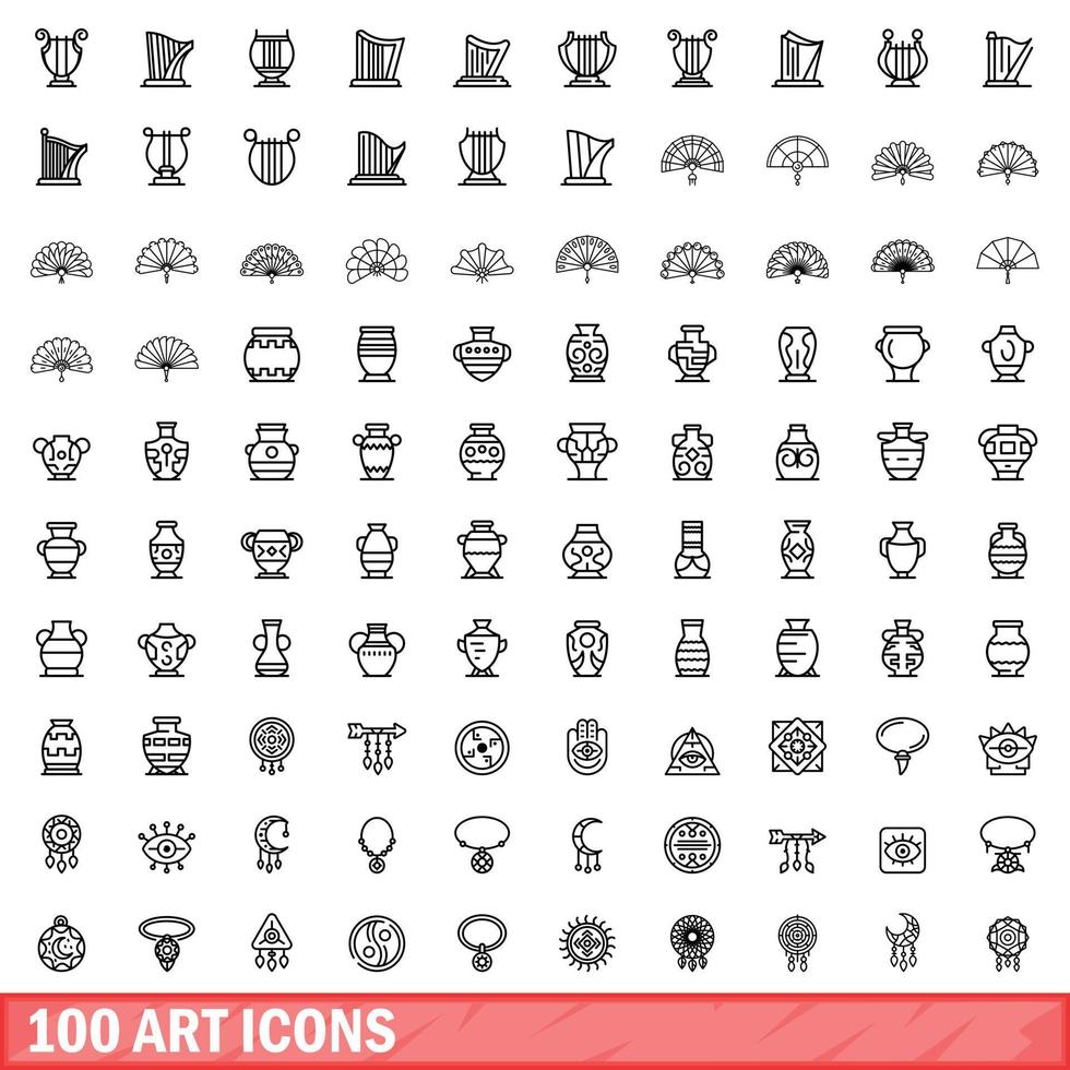 100 art icons set, outline style vector