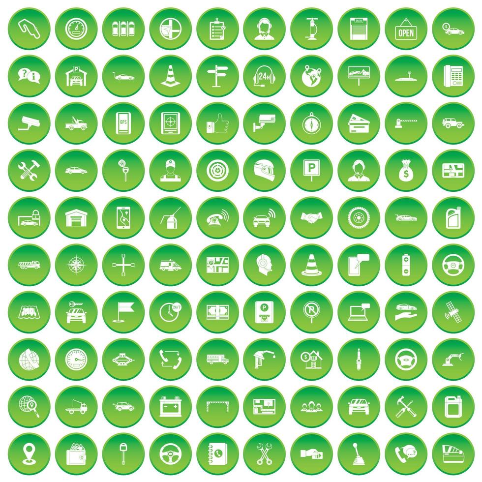 100 iconos de centro de servicio automático establecer círculo verde vector