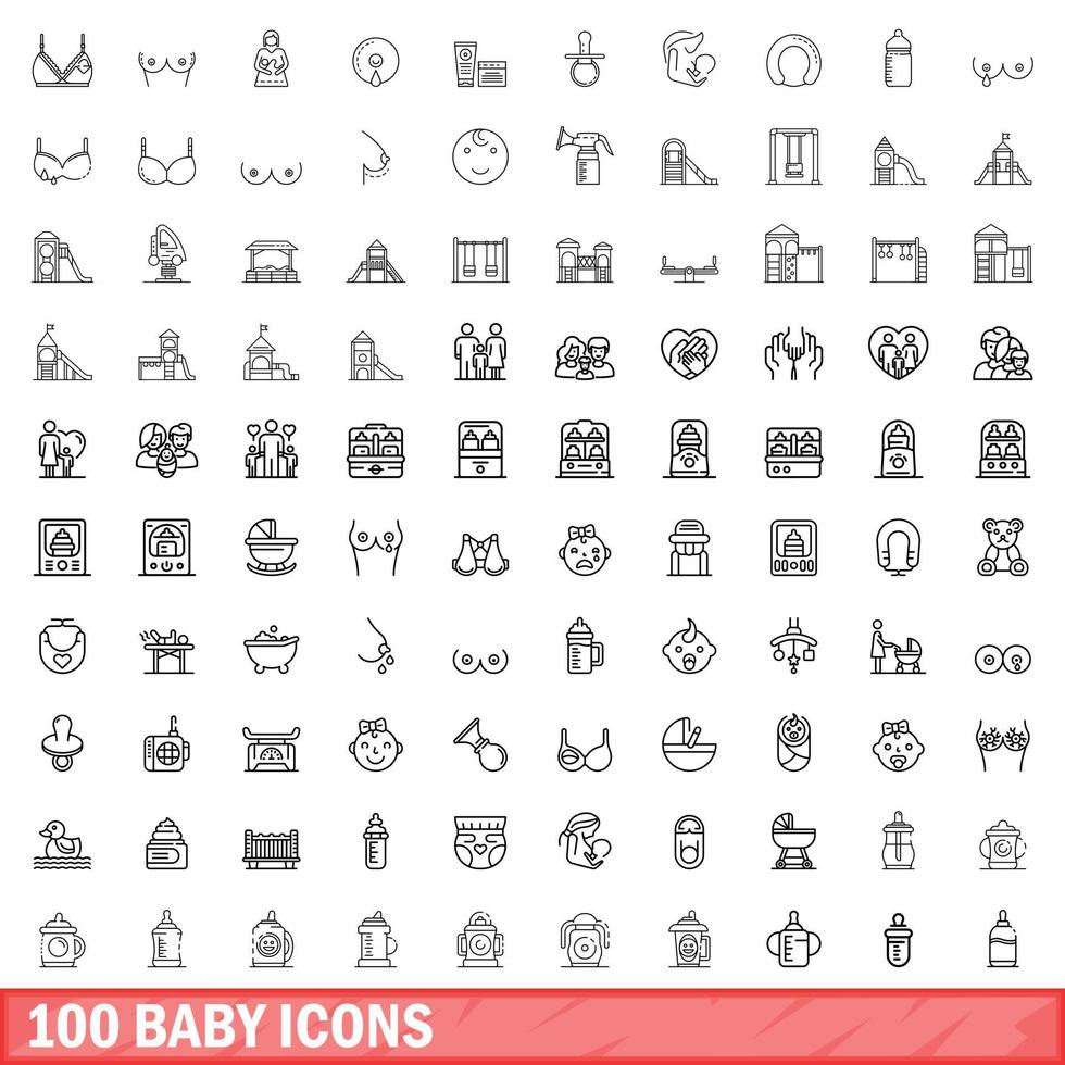 100 baby icons set, outline style vector