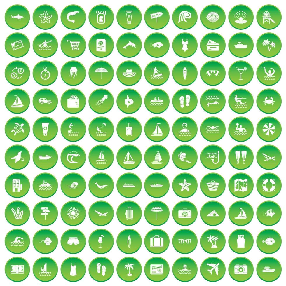 100 beach icons set green circle vector