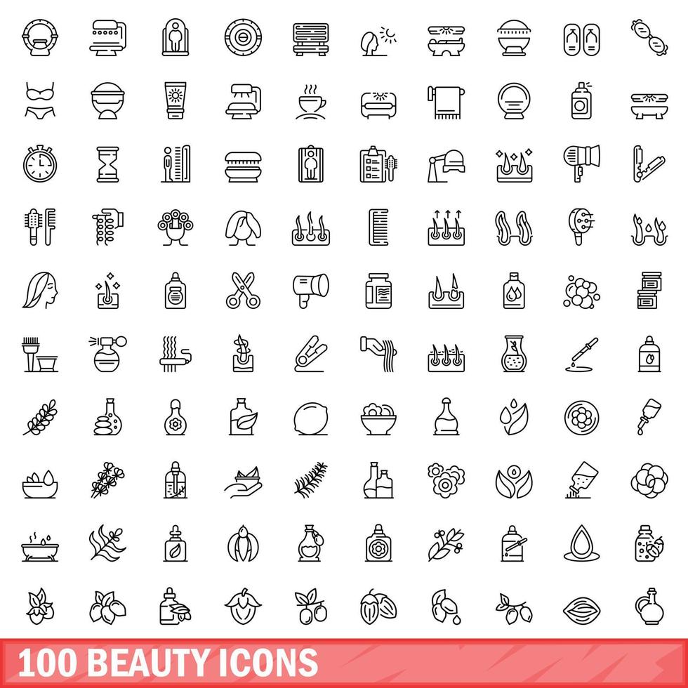 100 beauty icons set, outline style vector