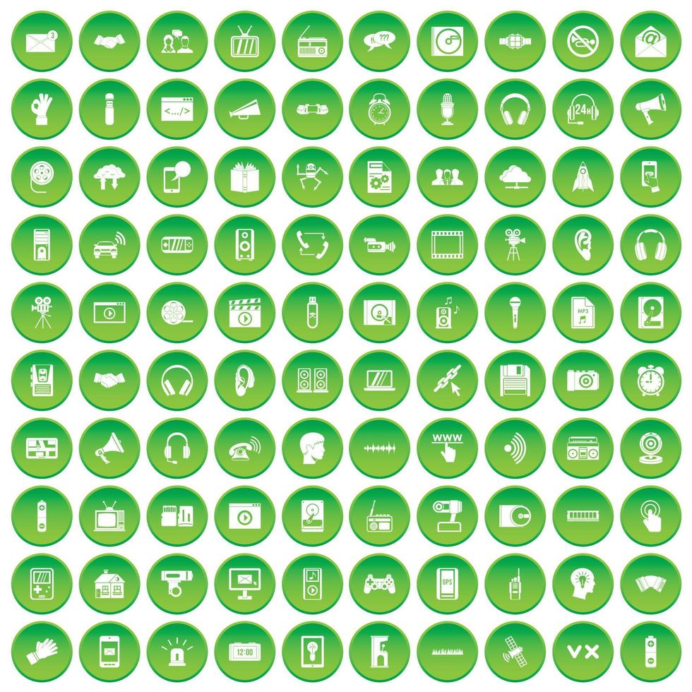 100 audio icons set green circle vector