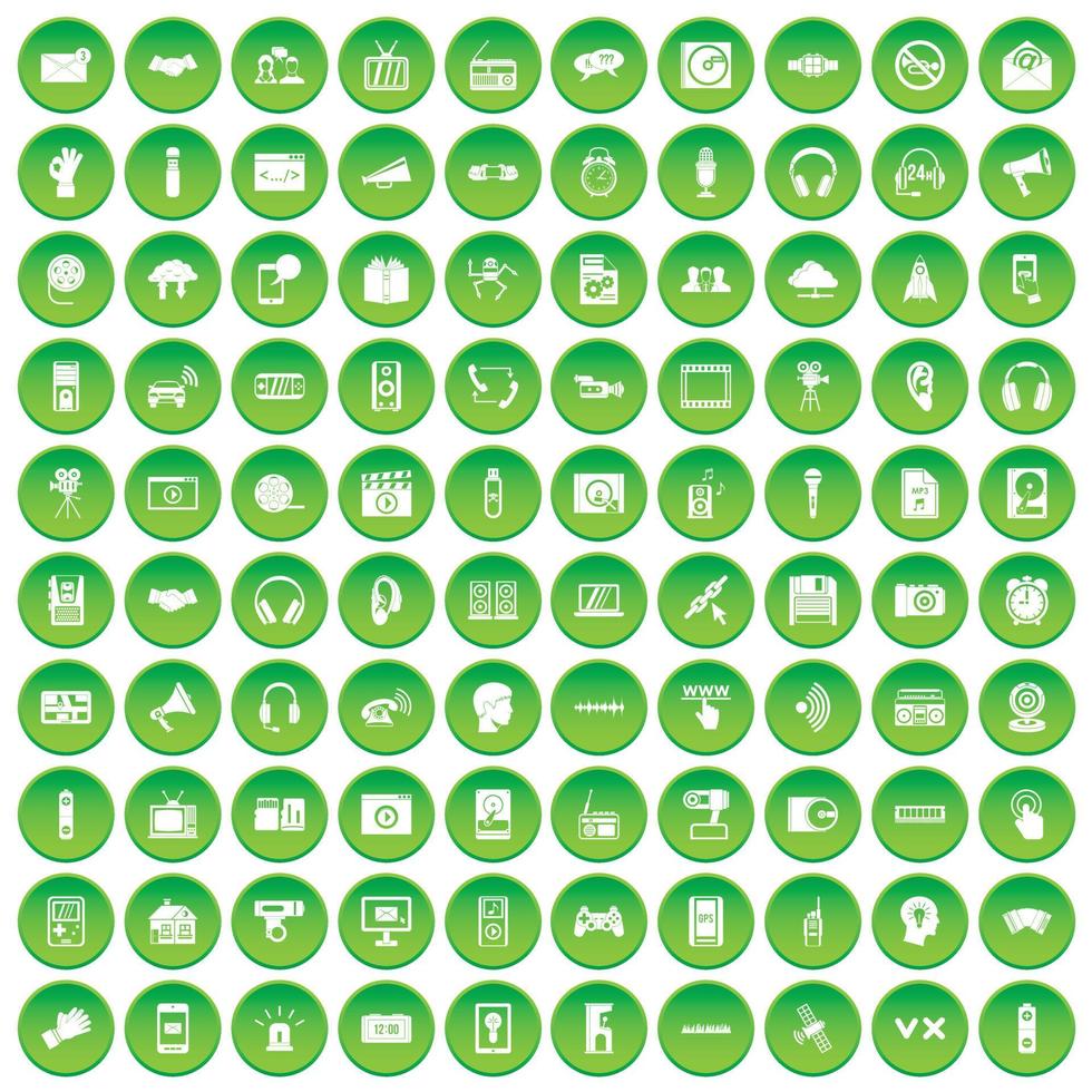 100 iconos de audio establecer círculo verde vector