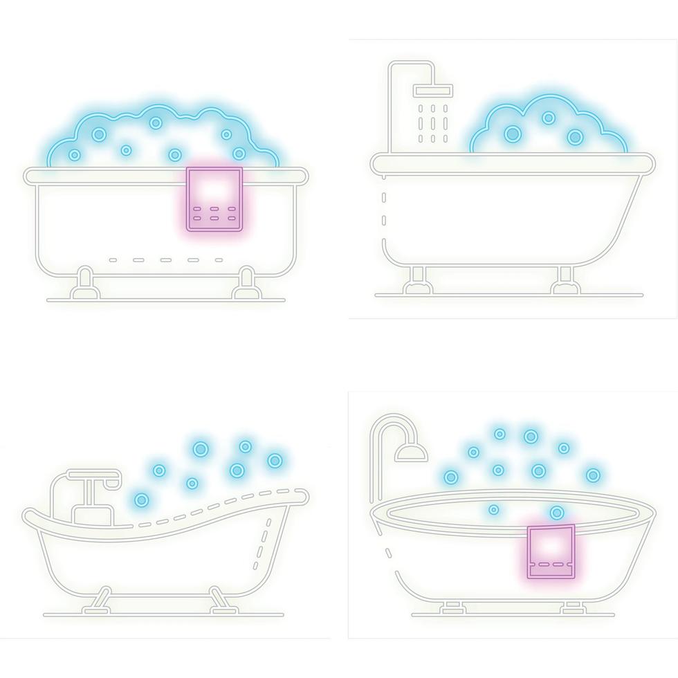 bañera, icono, conjunto, vector, neón vector