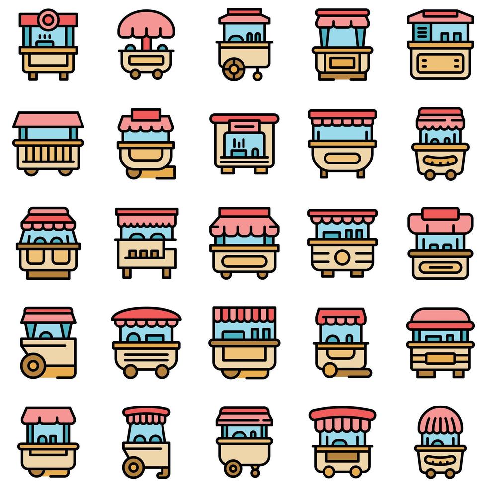 Hot dog cart icons set vector flat