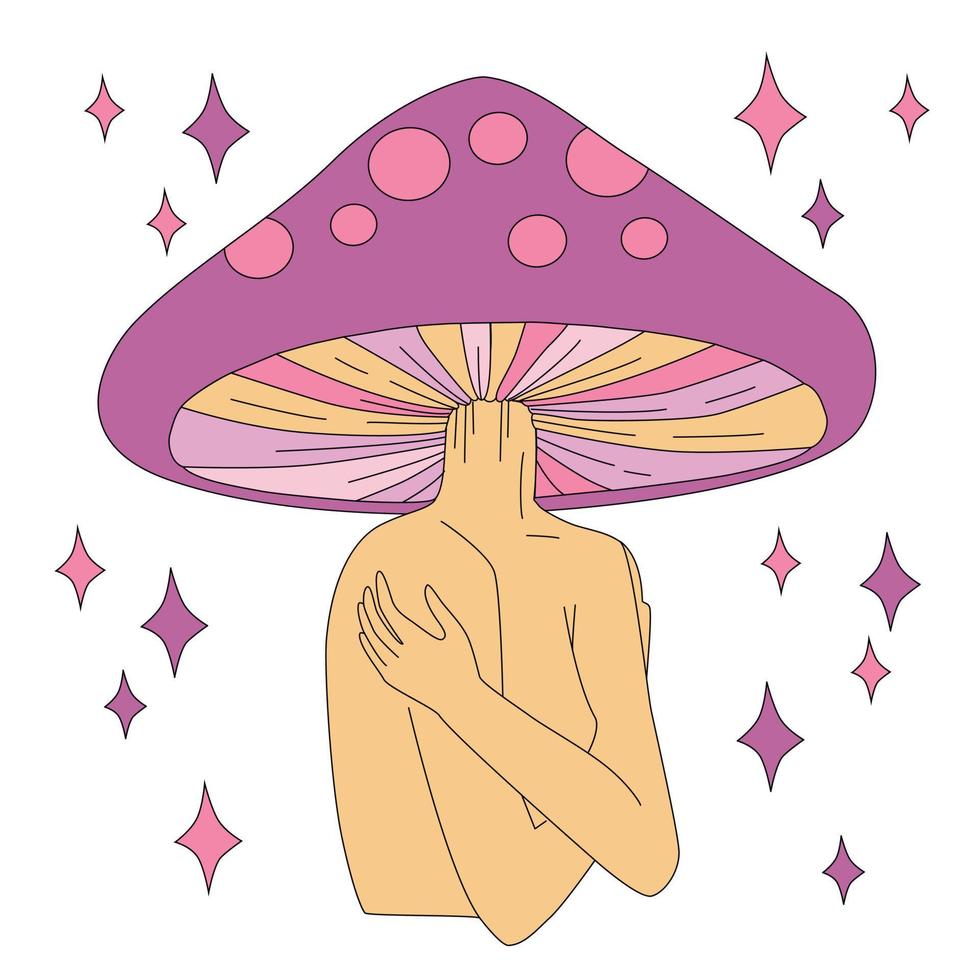 hMagic girl with mushroom head. Psychedelic hallucination. Vibrant vector illustration. 70s hippie colorful art for t-shirt or sticker.